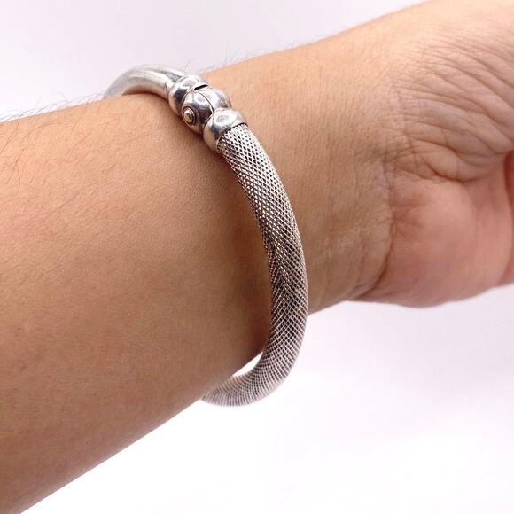 Vintage Sterling Silver Bangle Half Hollow and Half Mesh 8” - Picture 1 of 5